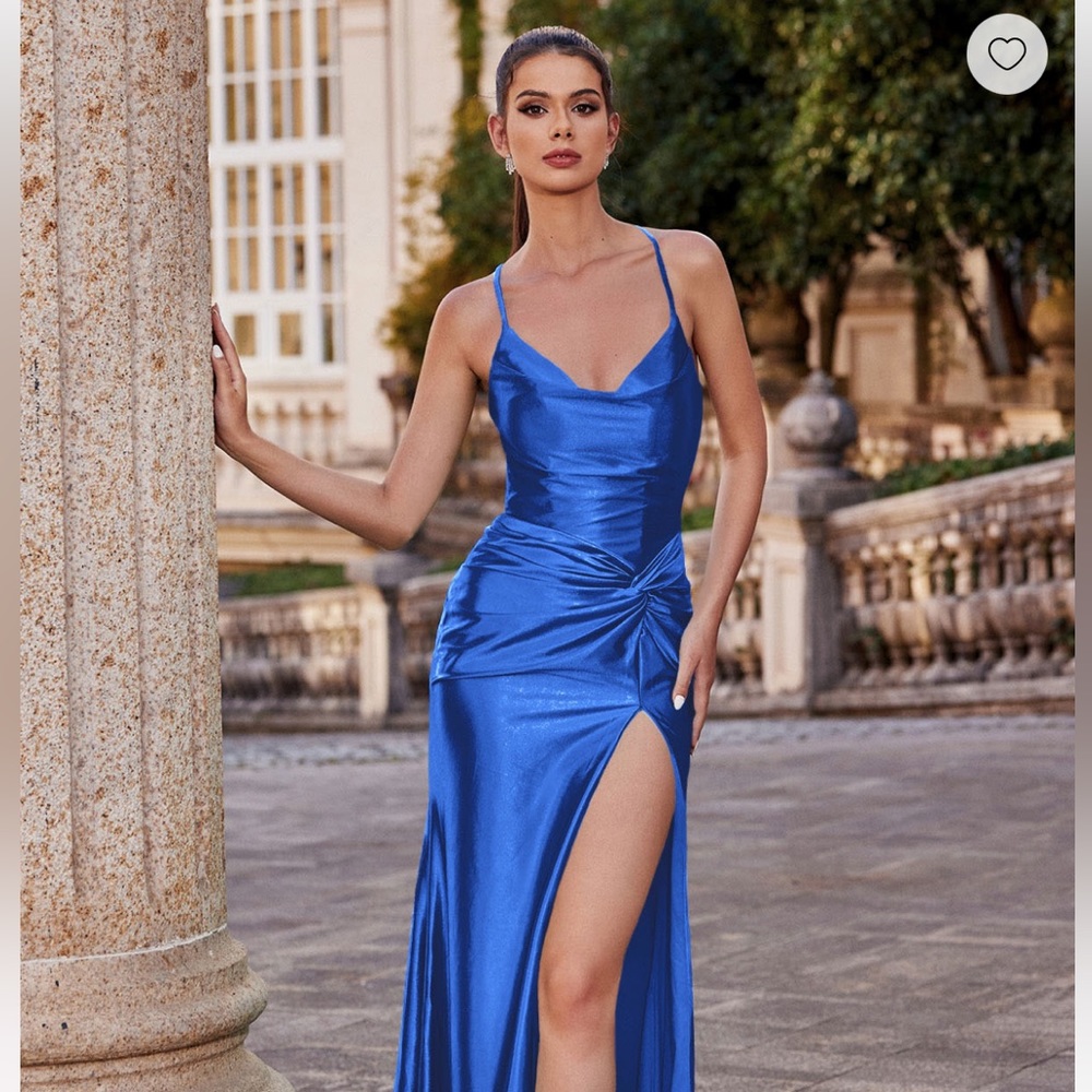 NEW ocean blue cowl neck satin prom dress!!